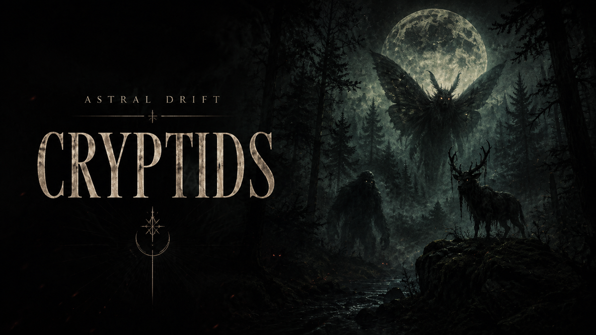 Astral Drift Cryptids graphic T-shirt collection inspired by dark folklore and unexplained creatures