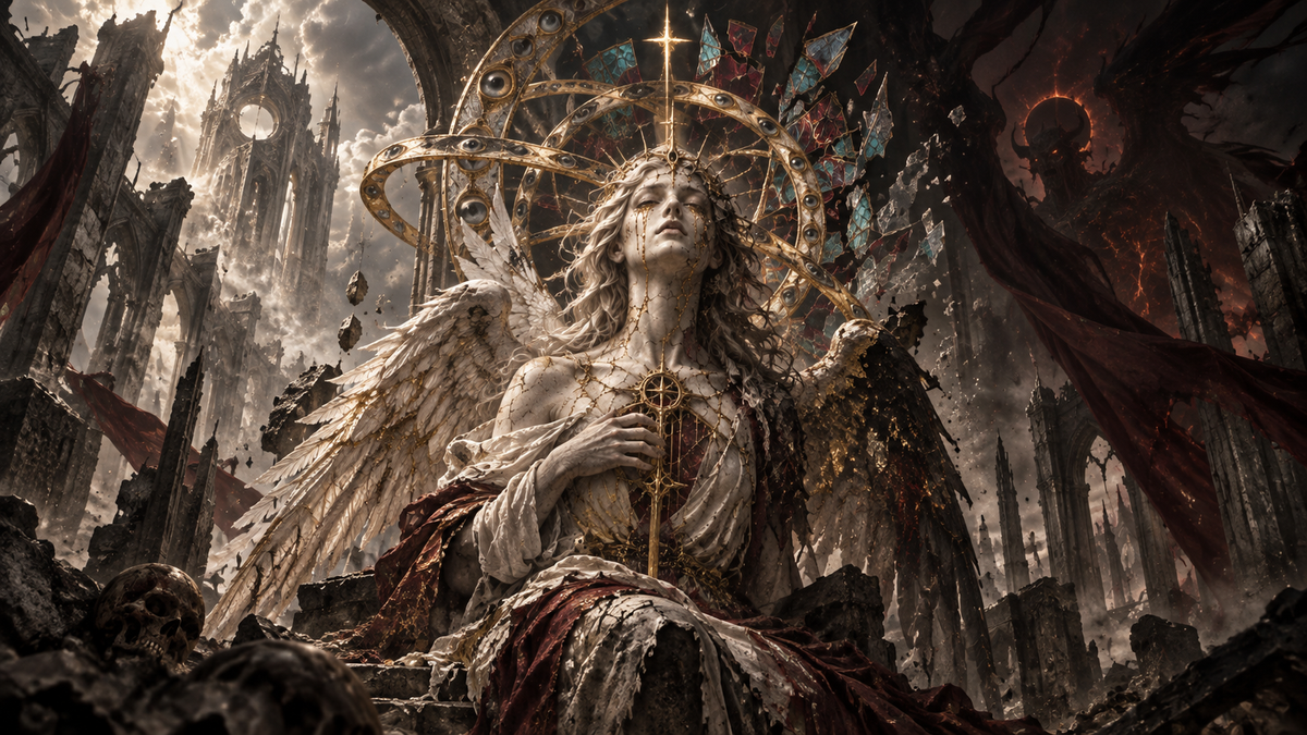 Dark fantasy fallen angel in ruined gothic heavens with celestial rings and broken stained glass