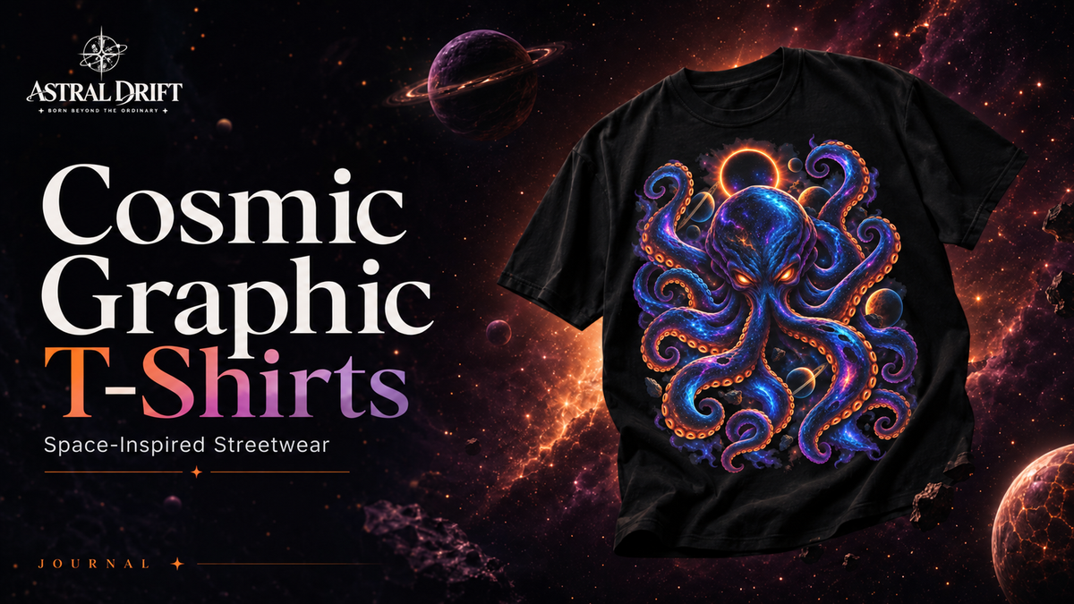 Astral Drift Cosmic Kraken graphic T-shirt in a space-inspired journal banner
