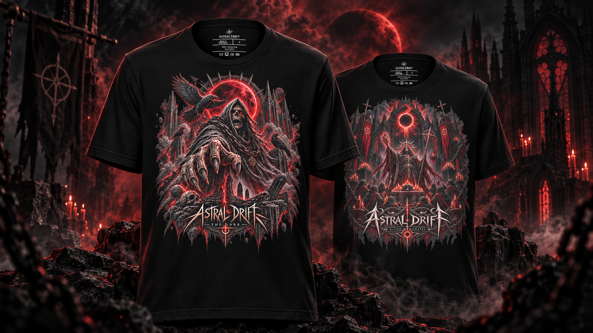 Astral Drift dark graphic T-shirts featuring The Dark and Blood Chapel artwork in a gothic journal banner