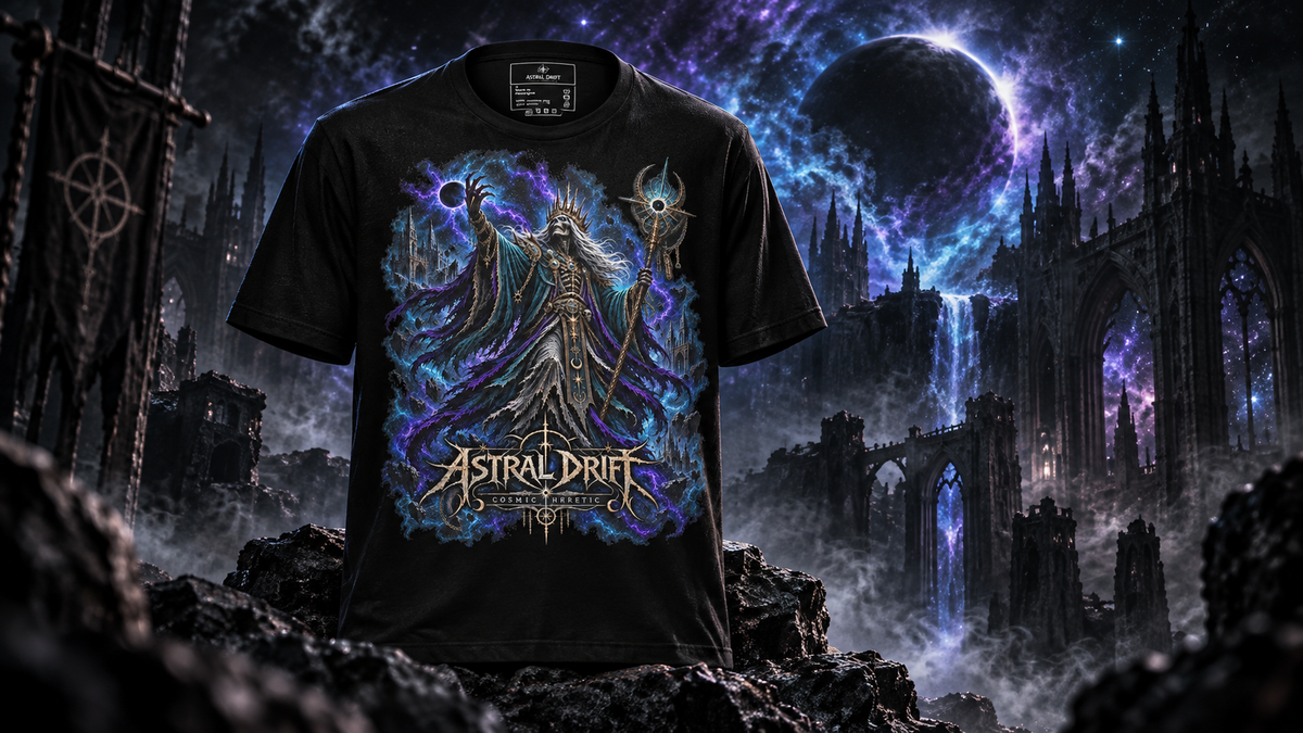 Astral Drift Cosmic Heretic black graphic T-shirt in a dark cosmic journal banner
