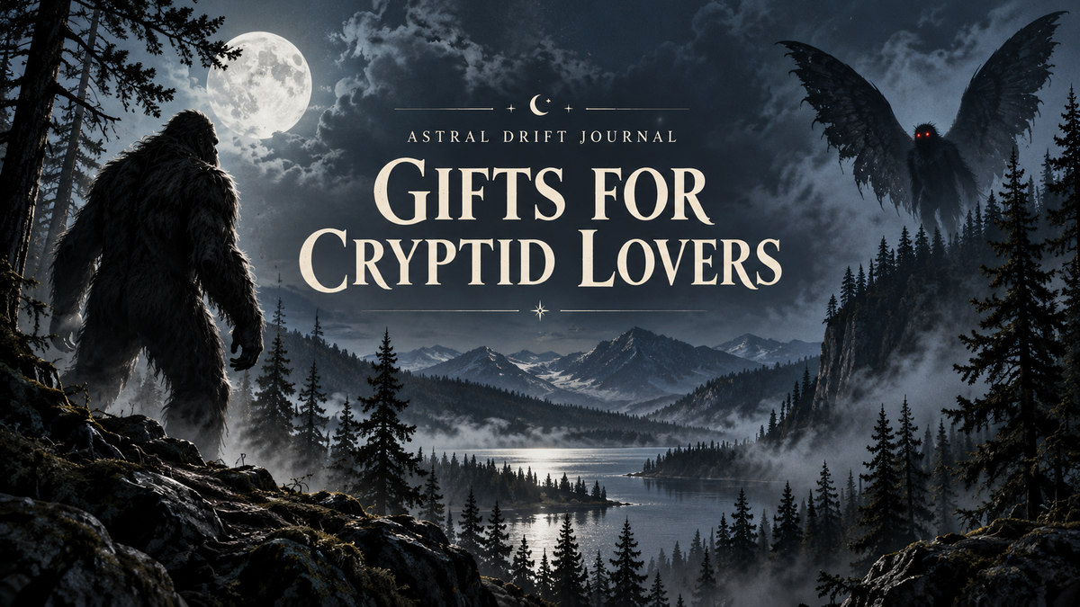 Bigfoot and Mothman in a moonlit forest with the title Gifts for Cryptid Lovers.