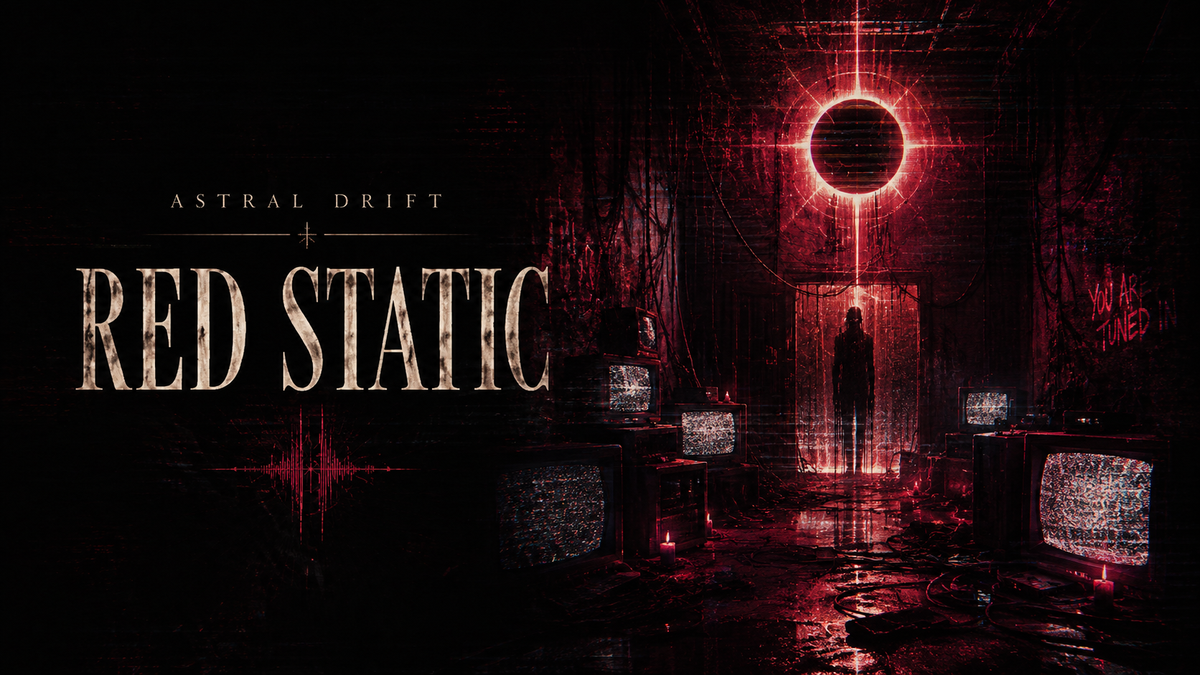 Astral Drift Red Static analogue horror graphic T-shirt collection with distorted signal imagery