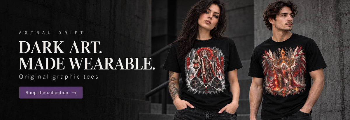 Astral Drift Dark Procession and The Fallen black graphic T-shirts worn by models against a charcoal concrete backdrop. Dark art. Made wearable.