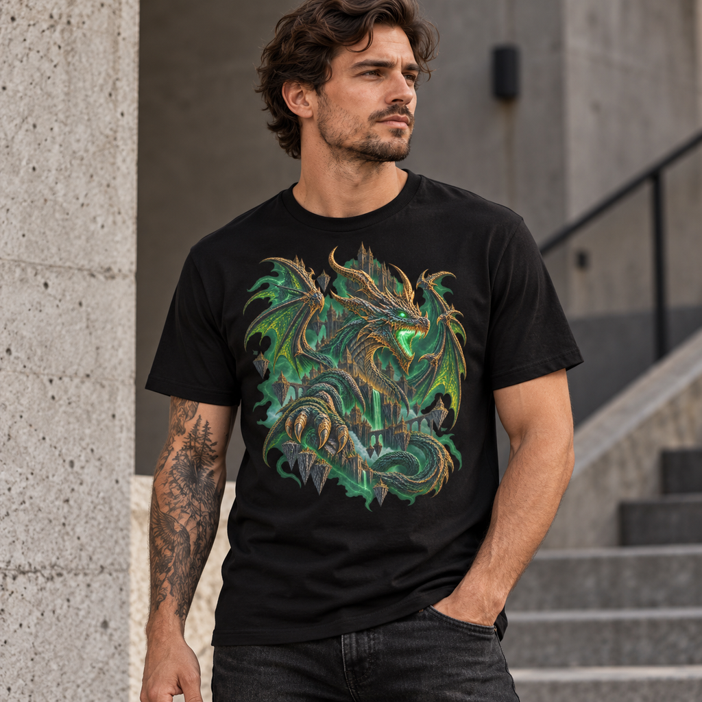 Emerald Dominion green dragon graphic T-shirt worn by male model