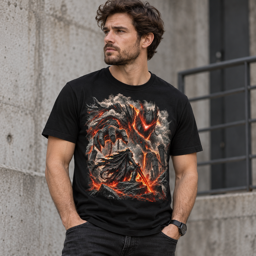 Model wearing Ashbound black dark fantasy graphic T-shirt by Astral Drift