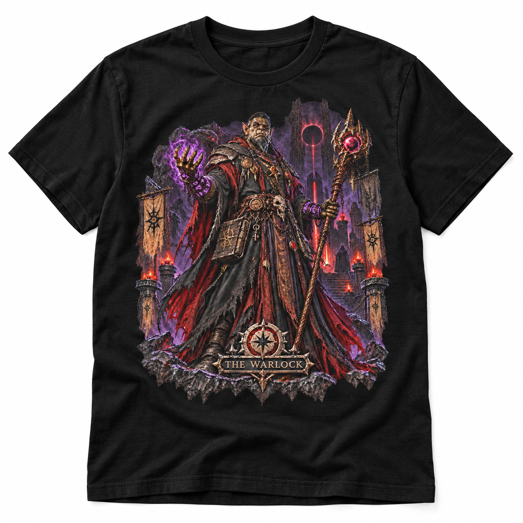 The Warlock black Gloamforged dark fantasy graphic T-shirt front artwork – Astral Drift