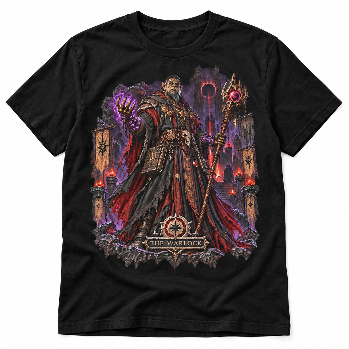 The Warlock black Gloamforged dark fantasy graphic T-shirt front artwork – Astral Drift