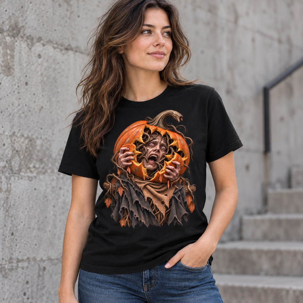 Astral Drift Orchard Keeper horror tee artwork showing a monstrous pumpkin head, worn fabric and gnarled roots