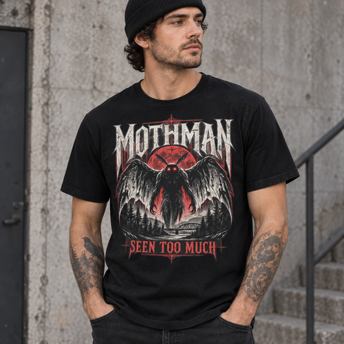 Mothman Seen Too Much black cryptid graphic T-shirt worn by model – Astral Drift
