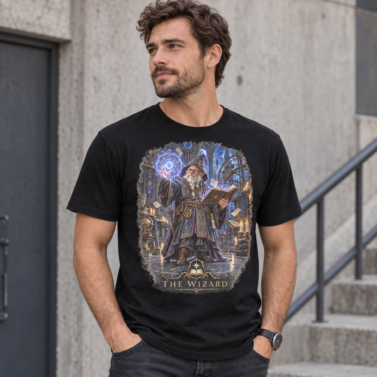 The Wizard Gloamforged black graphic T-shirt model mockup – Astral Drift