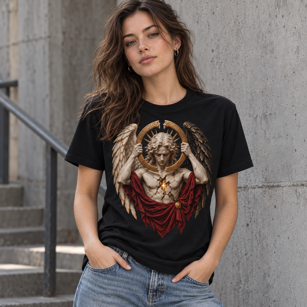 Model wearing Broken Covenant black celestial dark fantasy graphic T-shirt by Astral Drift