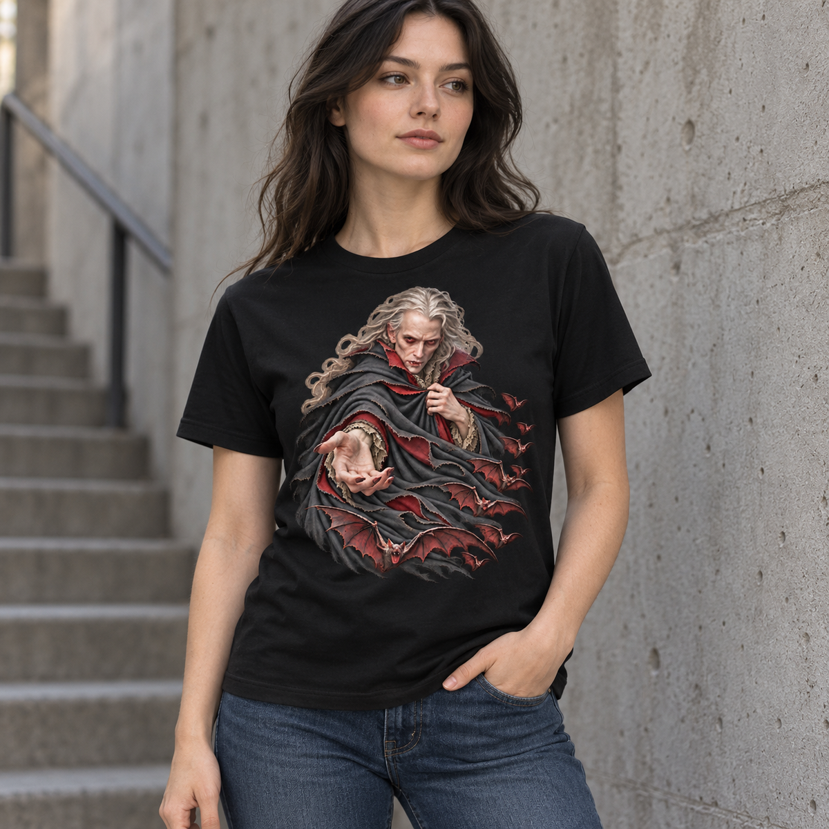 Female model wearing The Last Invitation black T-shirt with vampire and oxblood bat artwork beside concrete steps.