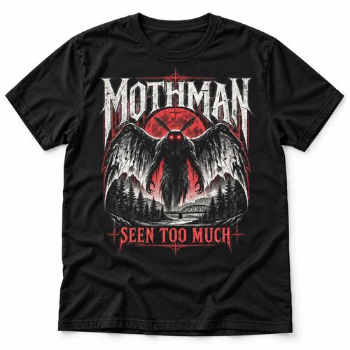 Mothman - Seen Too Much black graphic T-shirt by Astral Drift