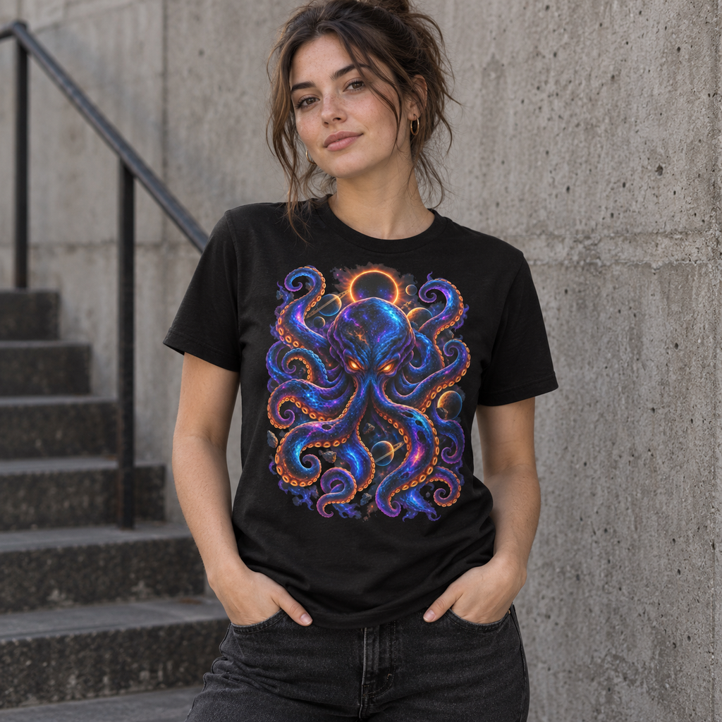 Cosmic Kraken black graphic T-shirt lifestyle mockup with purple celestial kraken artwork