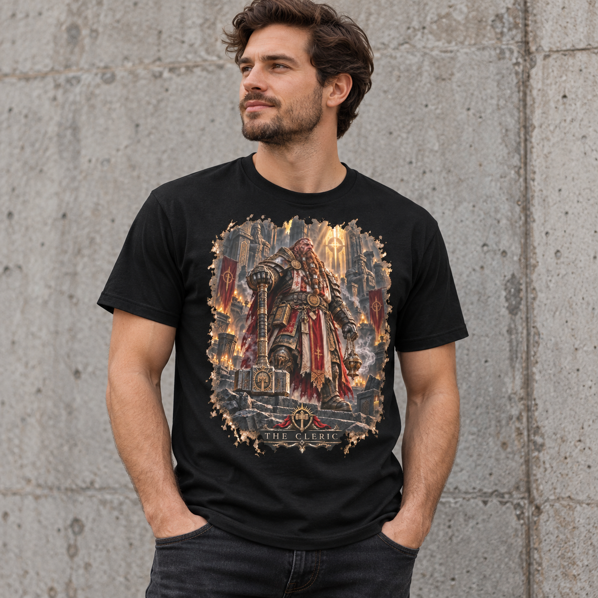 The Cleric black graphic T-shirt lifestyle mockup by Astral Drift