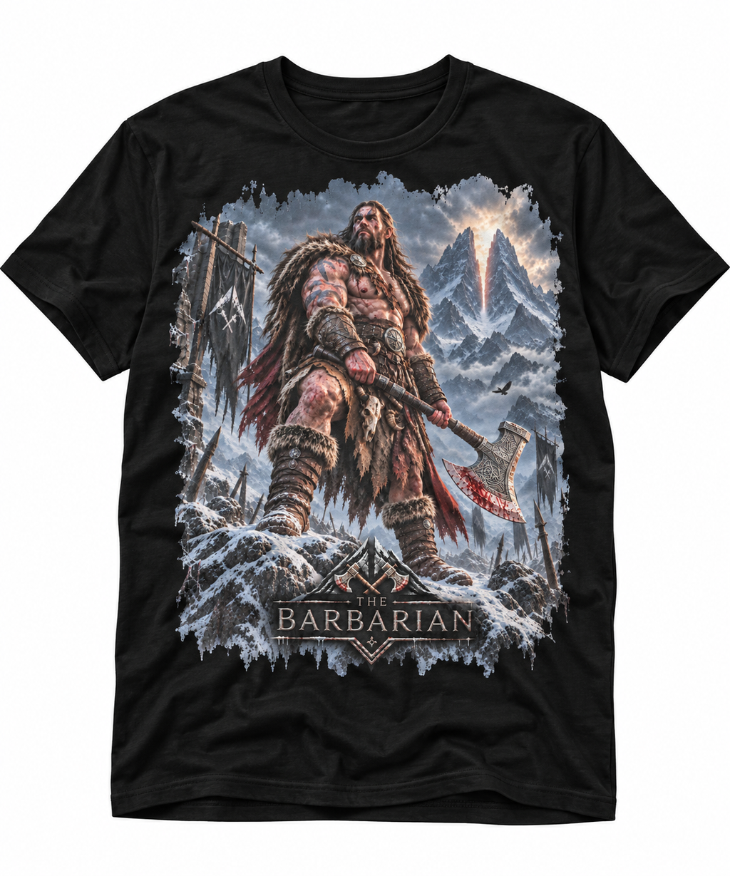 The Barbarian graphic T-shirt flat mockup on a black tee