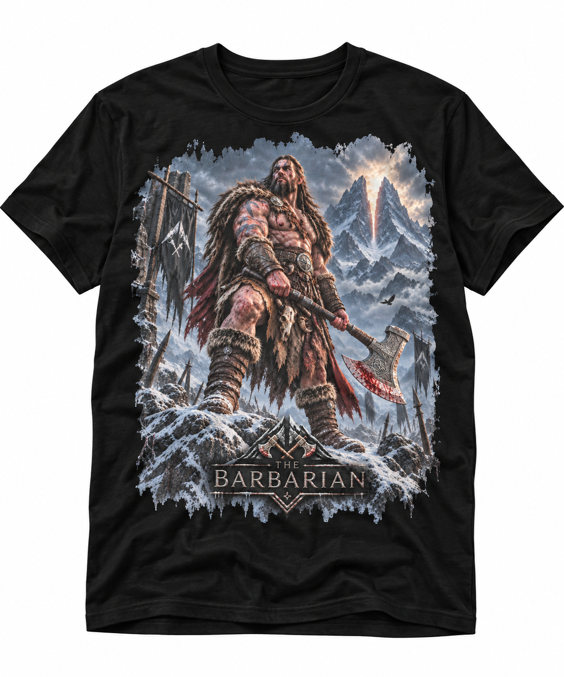 The Barbarian graphic T-shirt flat mockup on a black tee