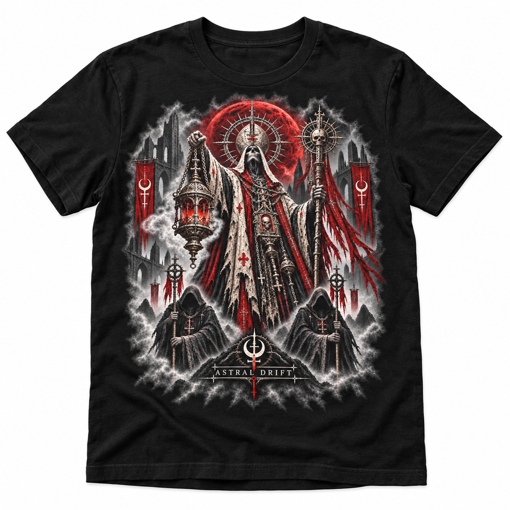Dark Procession graphic T-shirt flat mockup on a black tee