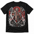 Dark Procession graphic T-shirt flat mockup on a black tee