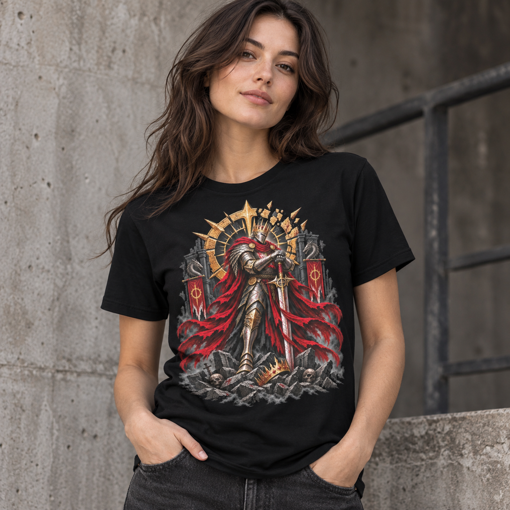 Model wearing Last Vanguard black dark fantasy knight graphic T-shirt by Astral Drift