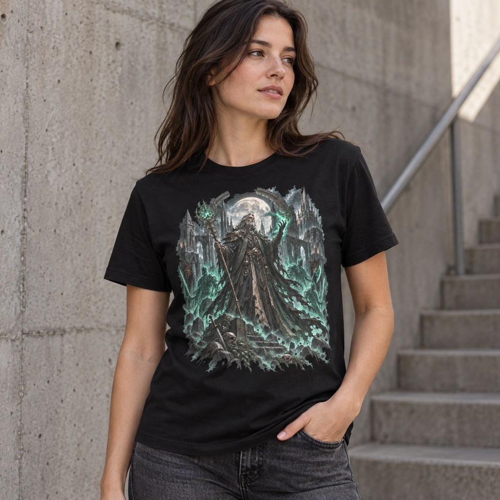 The Last Necromancer THALVERYN graphic tee with moonlit necromancer and spectral undead knights