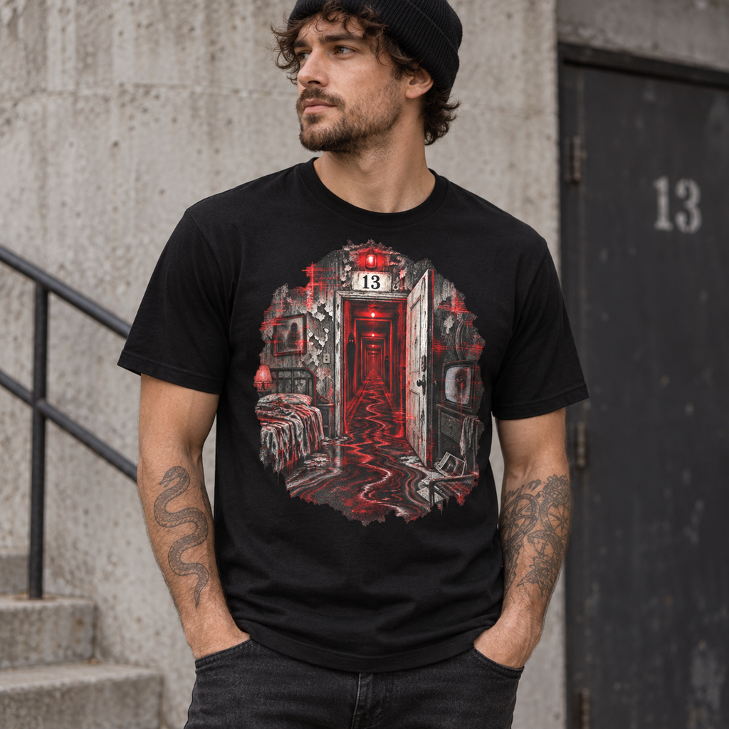 Room 13 tee artwork with door 13, static television and repeating red corridor