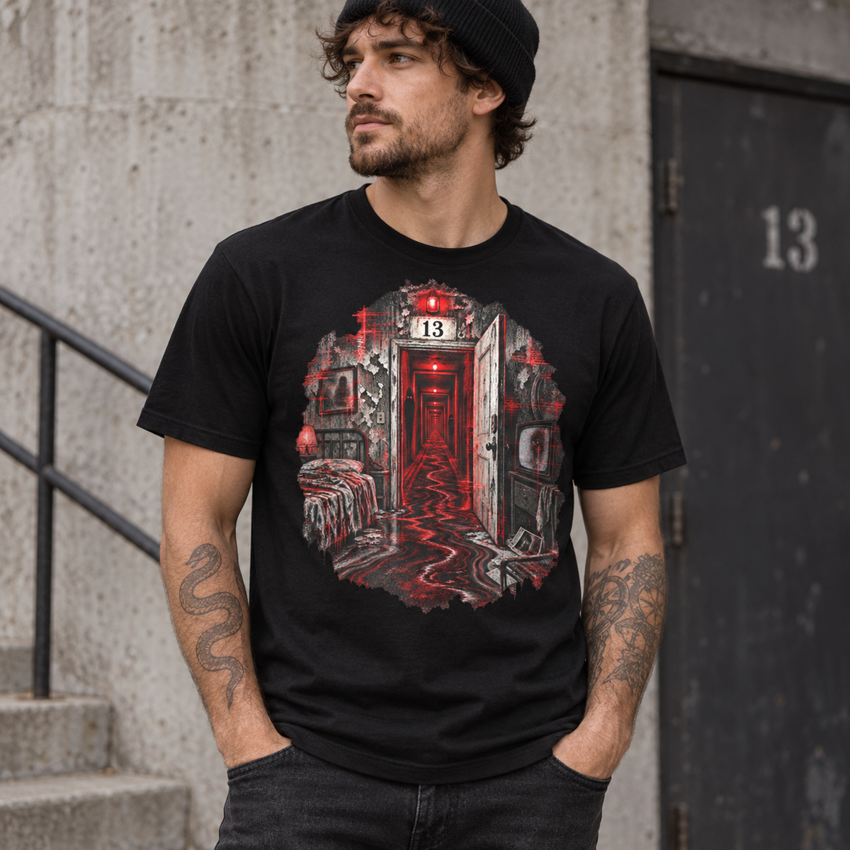 Room 13 tee artwork with door 13, static television and repeating red corridor