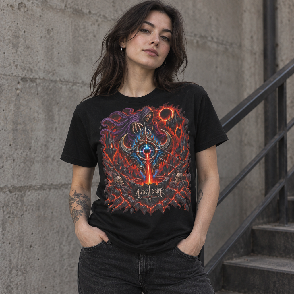 Female model wearing the Night Relic black graphic T-shirt by Astral Drift in an urban concrete setting