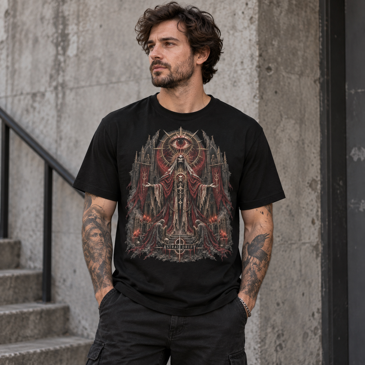 Model wearing The Bleeding Eye black gothic horror graphic T-shirt by Astral Drift