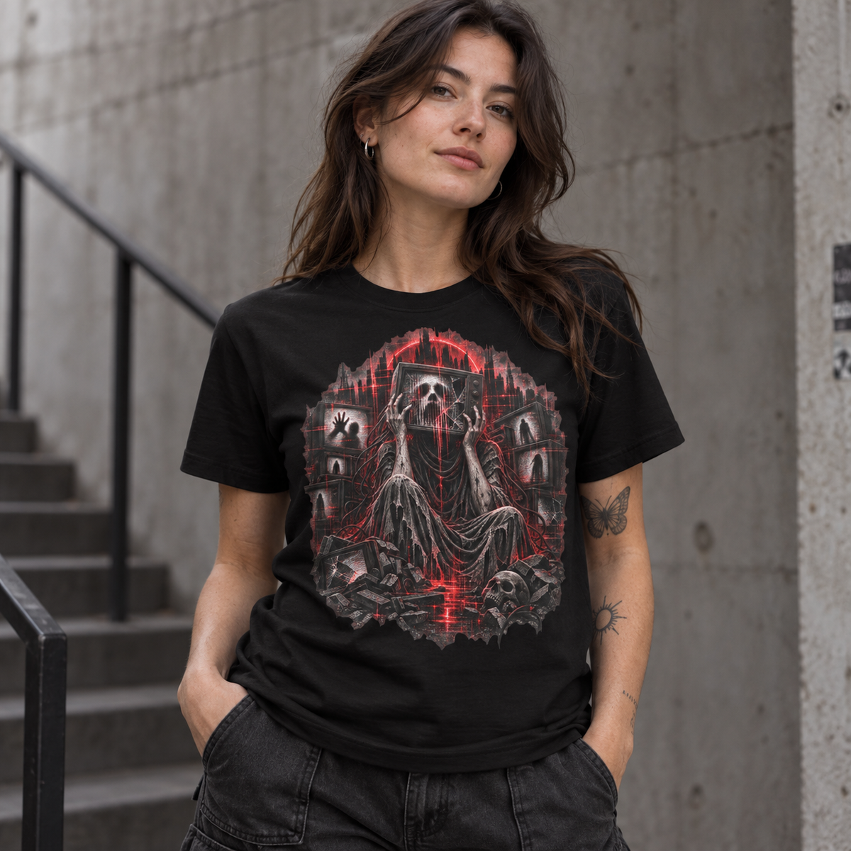 Dead Channel tee artwork with distorted television static and corrupted red broadcast imagery