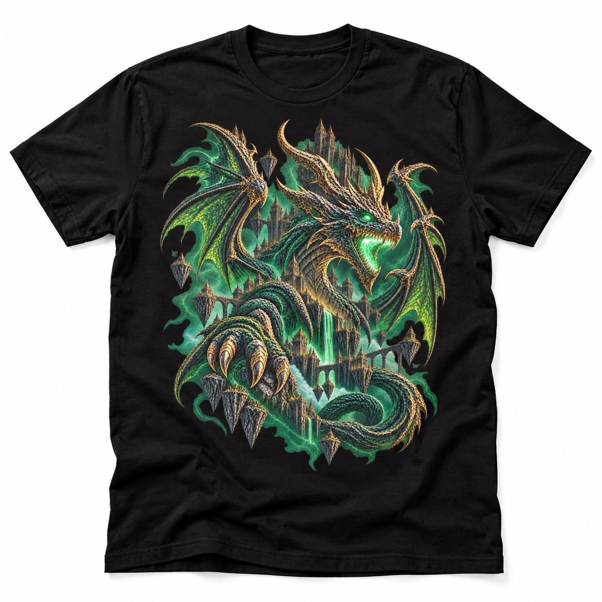 Emerald Dominion green dragon graphic T-shirt – flat black tee mockup