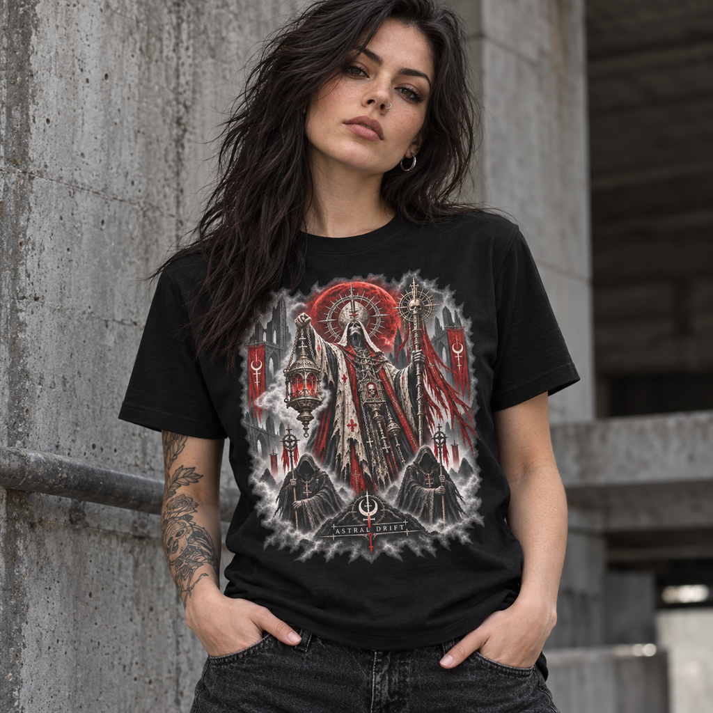 Model wearing the Dark Procession graphic T-shirt on a black tee