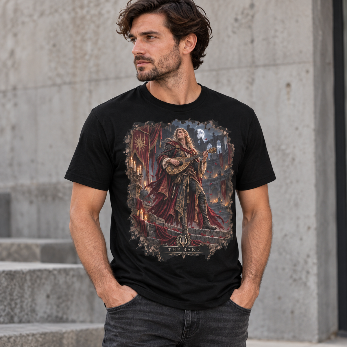 Model wearing The Bard graphic T-shirt on a black tee