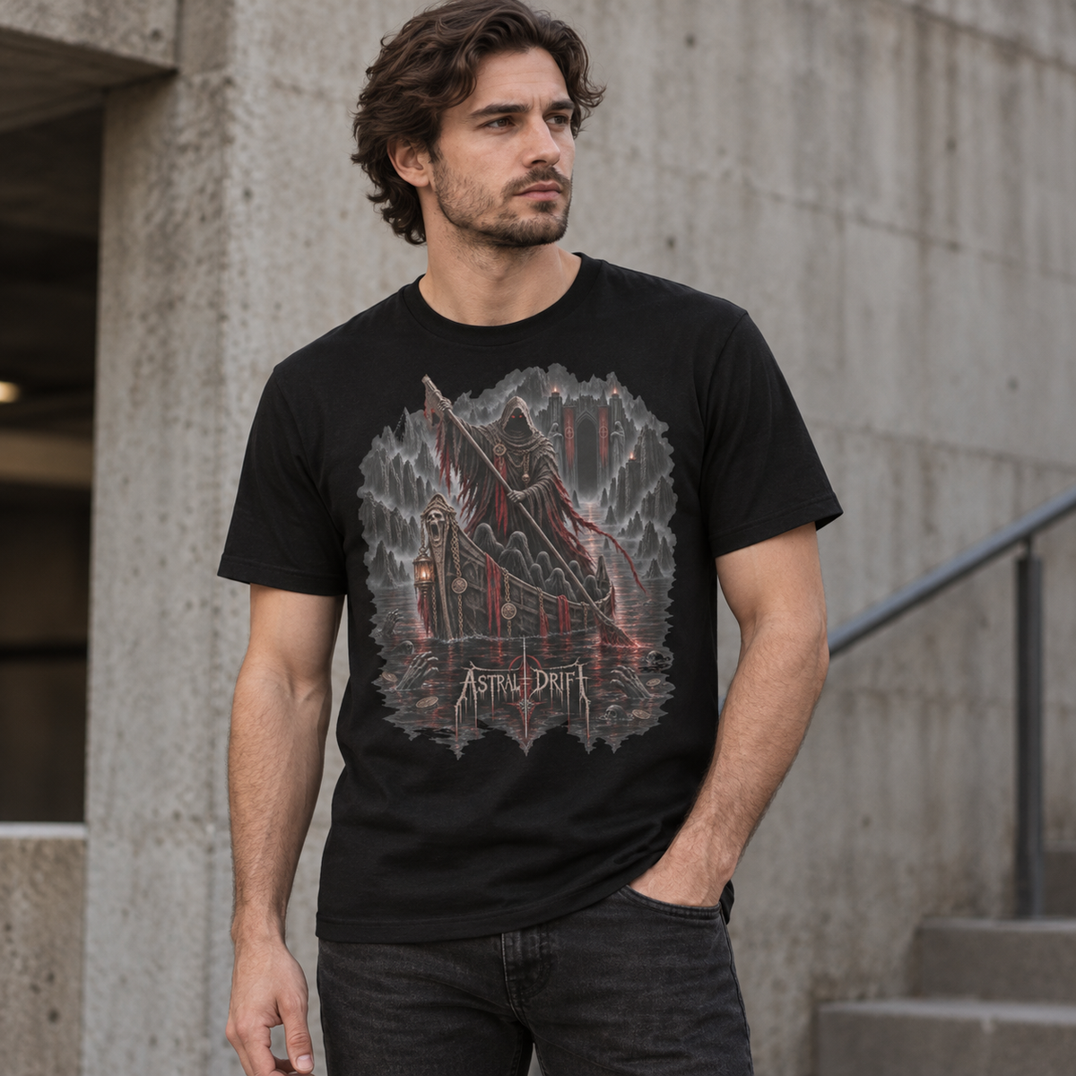 Male model wearing The Ferryman black underworld horror graphic T-shirt by Astral Drift