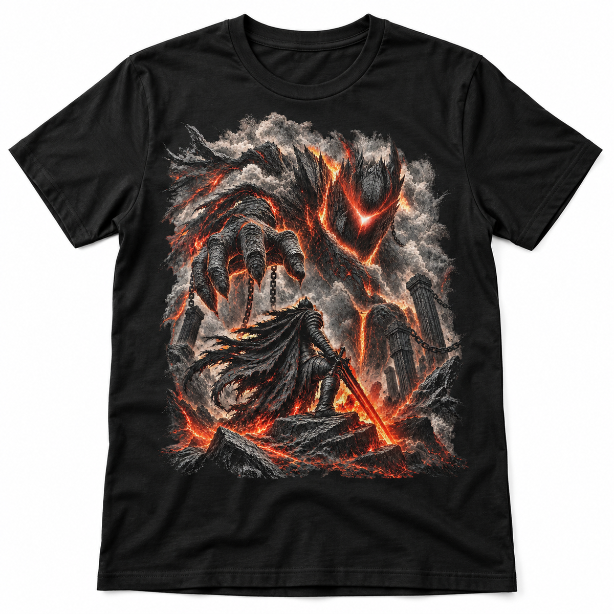 Ashbound black dark fantasy graphic T-shirt with molten obsidian giant and lone warrior – Astral Drift
