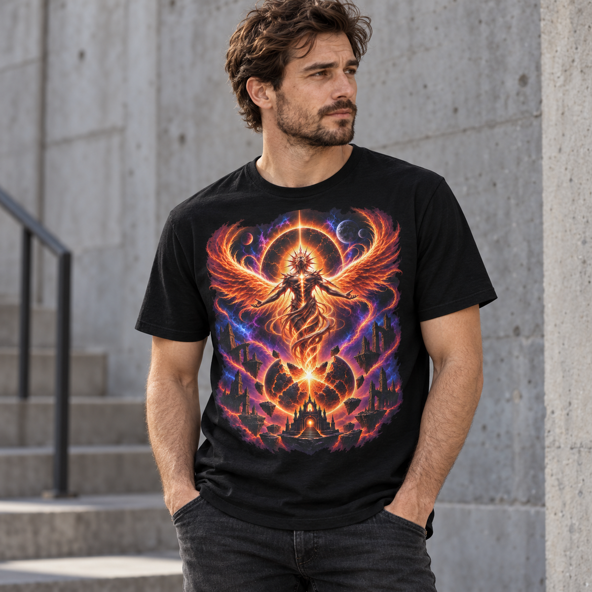 Model wearing Solar Rebirth black cosmic fantasy graphic T-shirt by Astral Drift