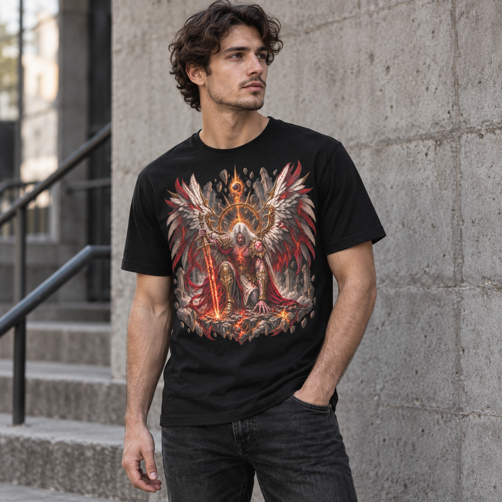 Model wearing The Fallen black graphic T-shirt with fallen angel and crimson wing front print