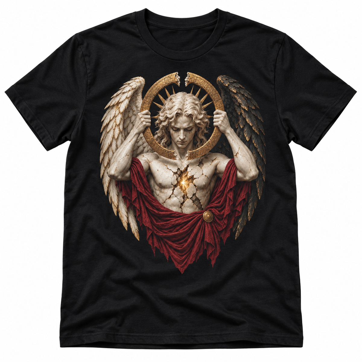 Broken Covenant black celestial dark fantasy graphic T-shirt with fractured angel and shattered halo – Astral Drift