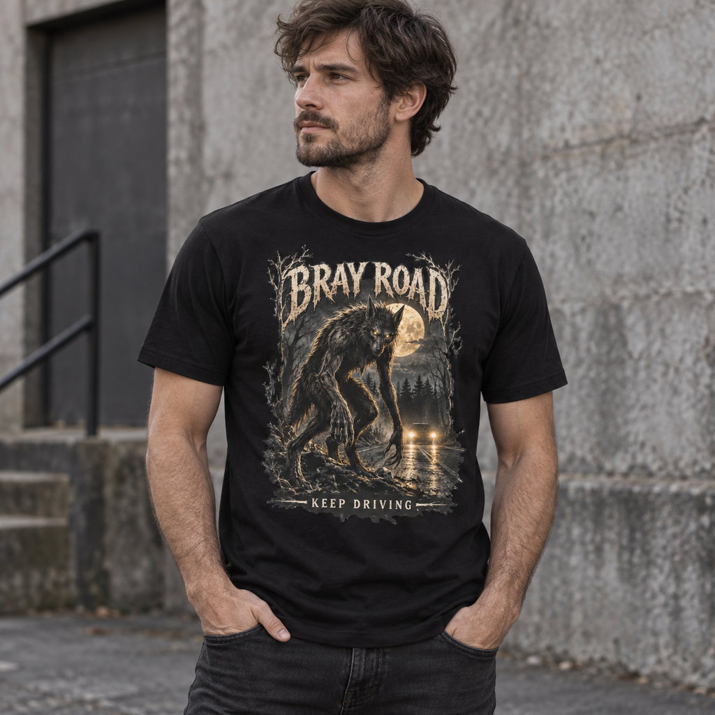 Beast of Bray Road Keep Driving black cryptid graphic T-shirt worn by model – Astral Drift
