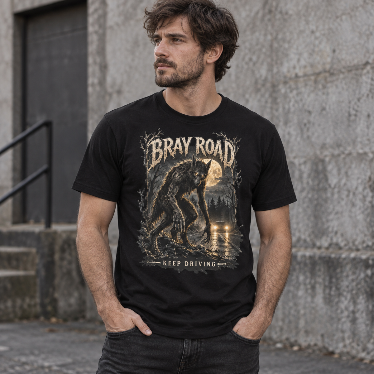 Beast of Bray Road Keep Driving black cryptid graphic T-shirt worn by model – Astral Drift