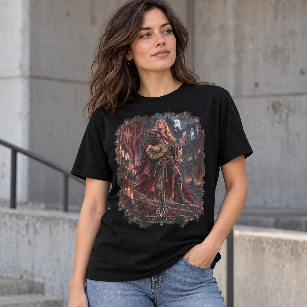Alternate model wearing The Bard graphic T-shirt on a black tee