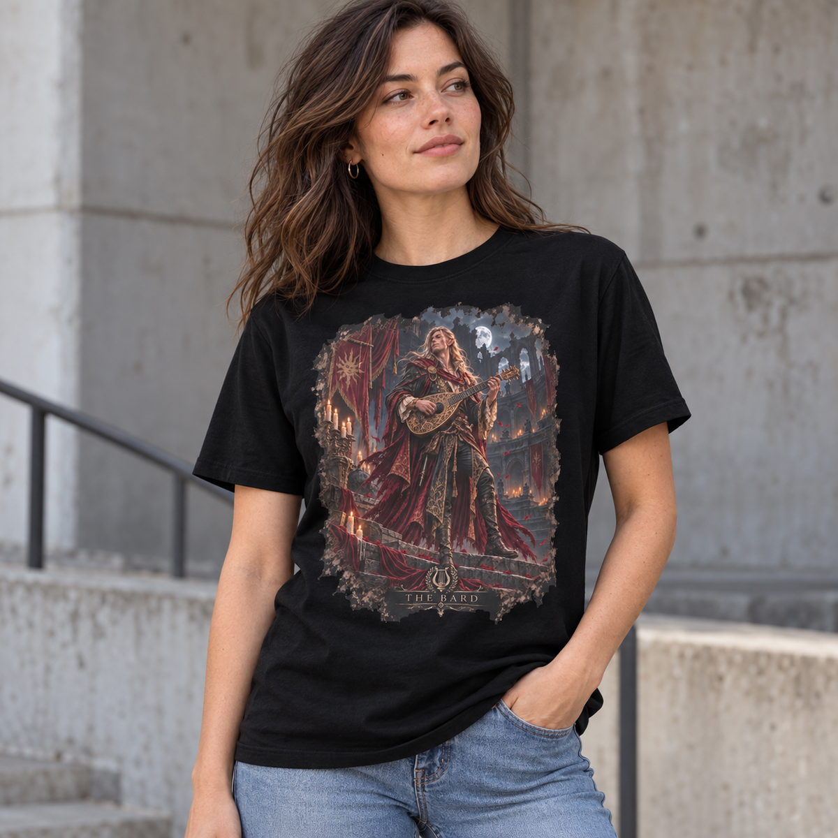 Alternate model wearing The Bard graphic T-shirt on a black tee