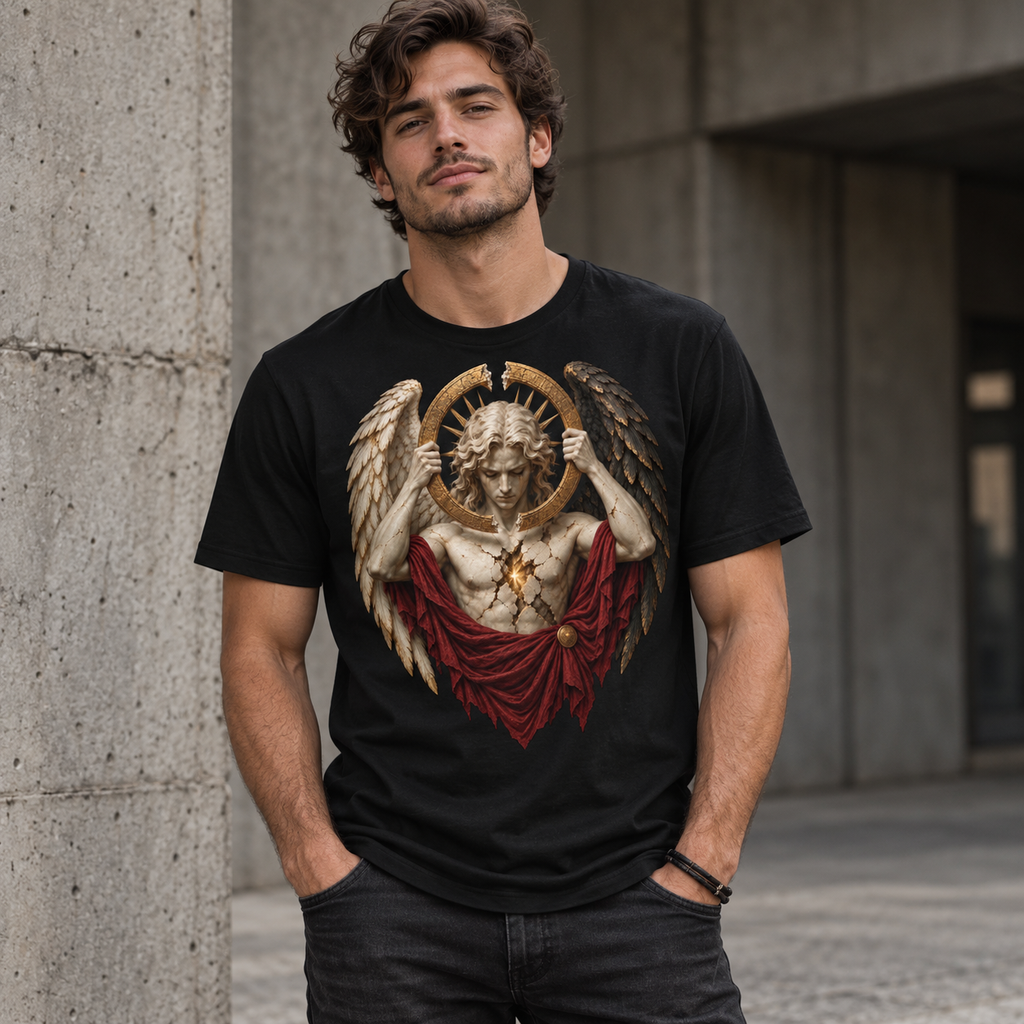 Broken Covenant black graphic T-shirt lifestyle mockup – alternate view by Astral Drift