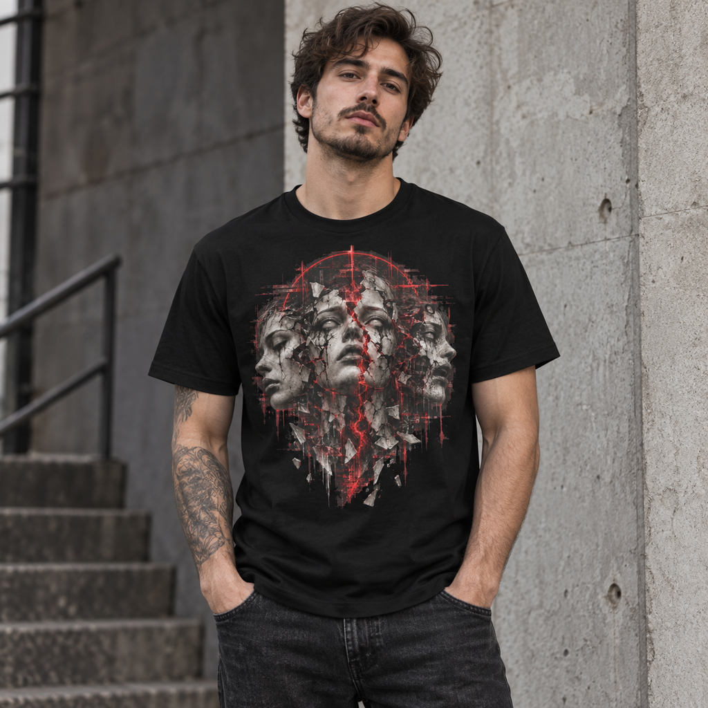 Fractured Mind tee artwork with split female faces, red fissure and broken stone fragments