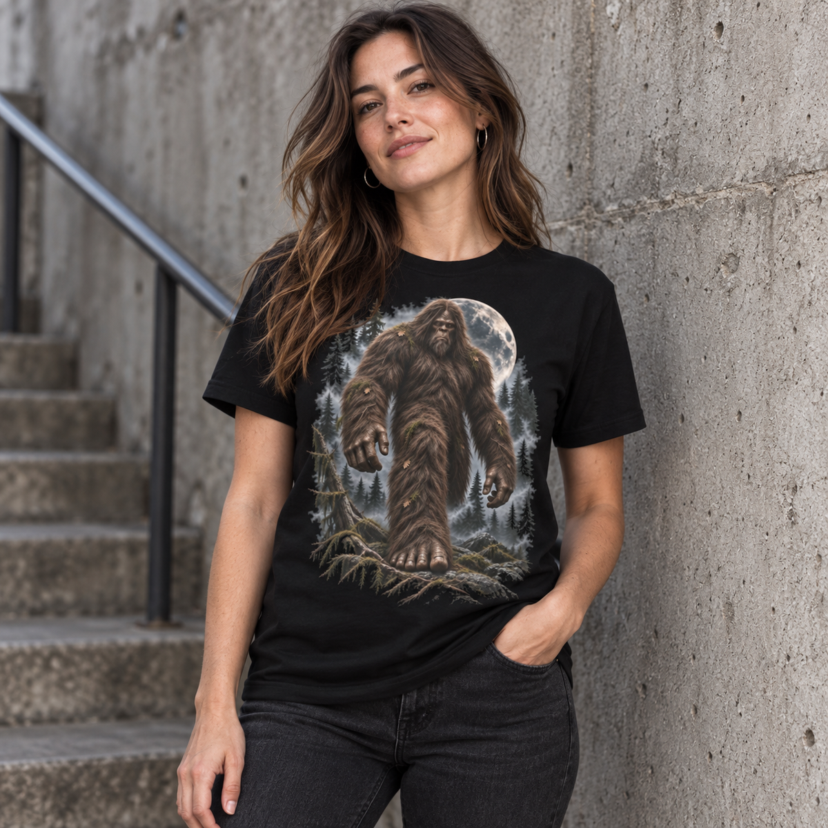 Female model wearing the Bigfoot black graphic T-shirt by Astral Drift in an urban concrete setting