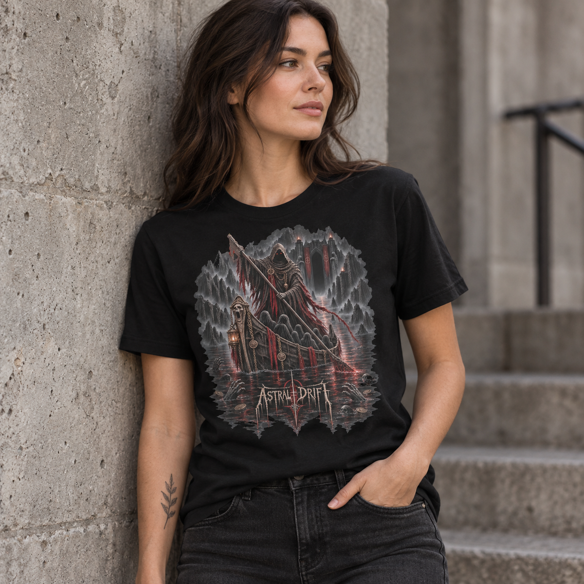 Female model wearing The Ferryman black underworld horror graphic T-shirt by Astral Drift