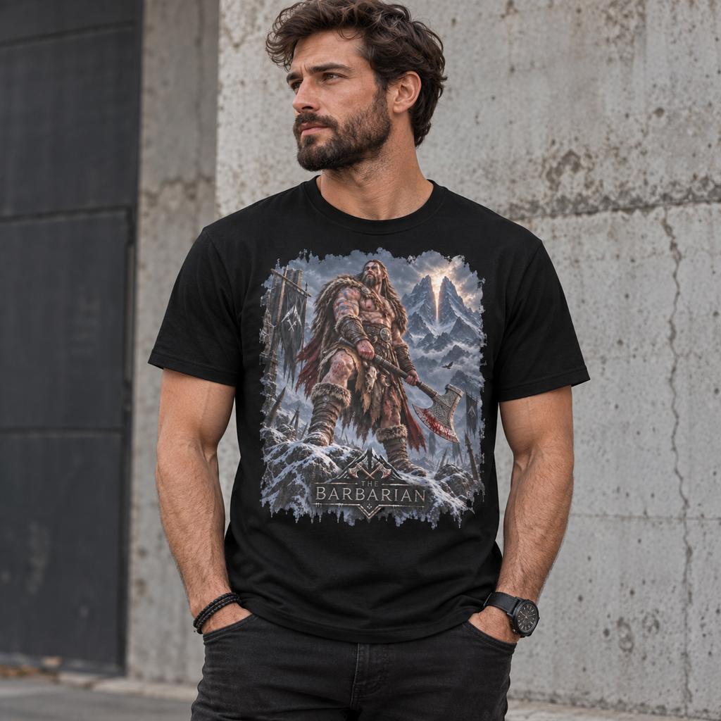 Model wearing The Barbarian graphic T-shirt on a black tee