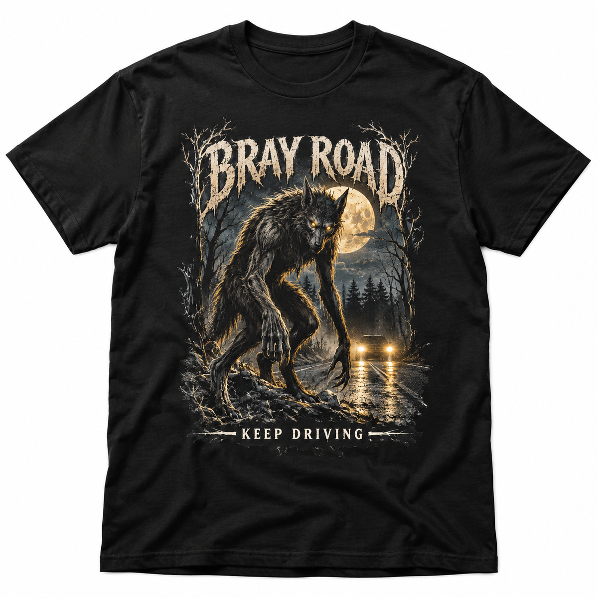 Beast of Bray Road Keep Driving black T-shirt with a roadside creature and headlights