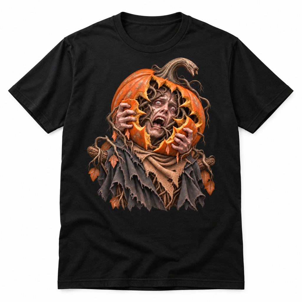 Orchard Keeper black horror graphic T-shirt featuring a sinister pumpkin-headed figure, weathered cloth and twisted roots
